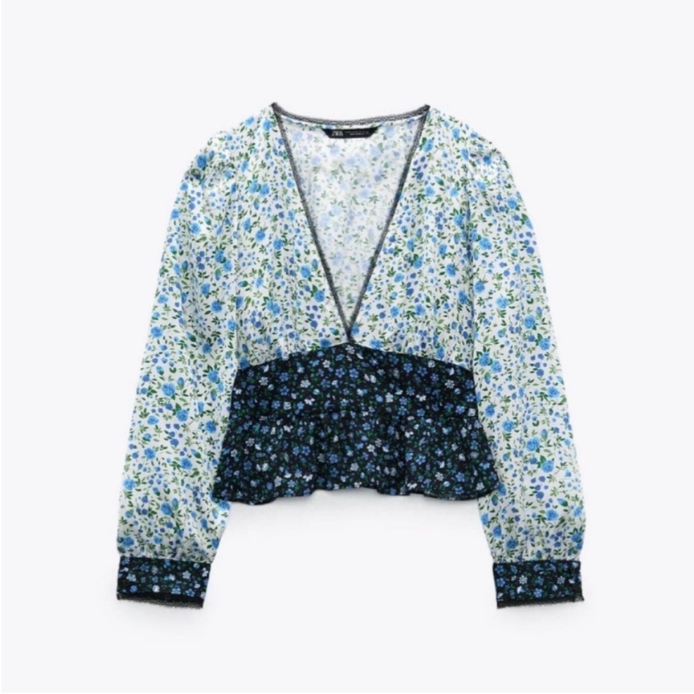 Zara Blue Floral Ruffle Hem Long Sleeve V Neck Crop Top | Blue | Size: S | Women